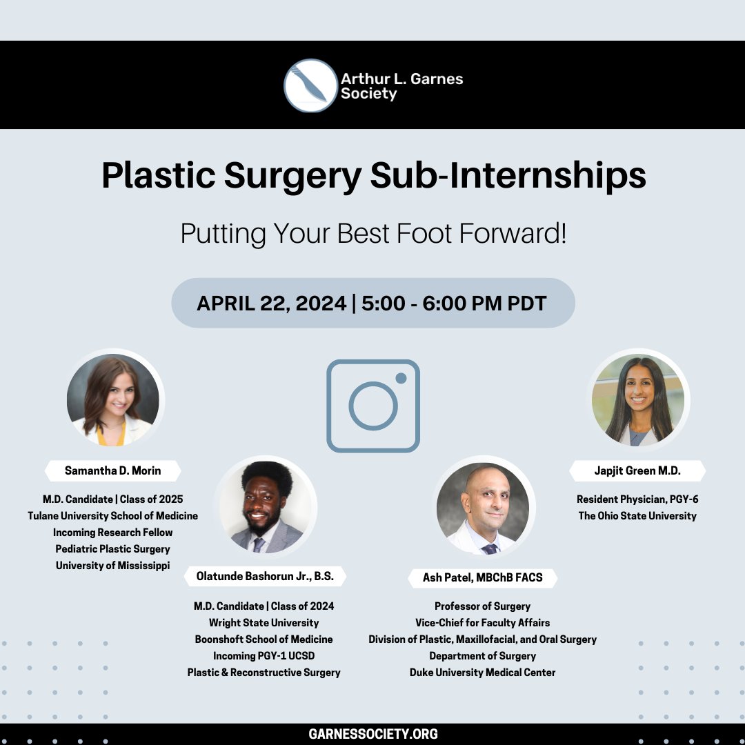 The Garnes Society will host the #PlasticSurgery Sub-Internships – Putting Your Best Foot Forward! Instagram Live event. Join us on April 22,5 - 6 PM PDT. 🔝 Support our mission LINK in BIO #plasticsurgery #students #plasticsurgeons #POC #healthprofessionals #doctors #DEI