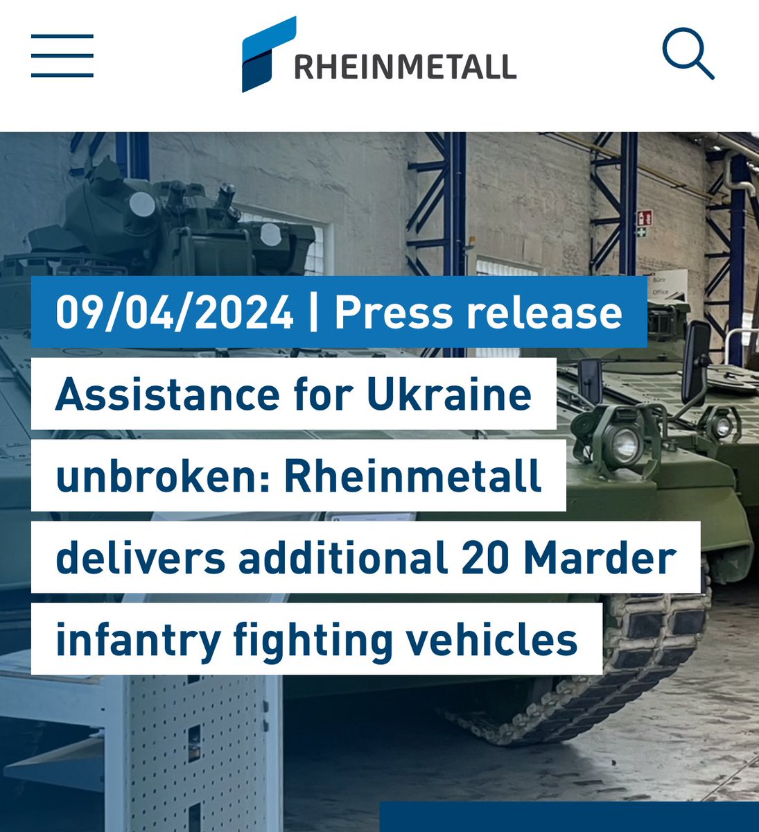 Rheinmetall (@RheinmetallAG) is going to transfer an additional 20 Marder 1A3 to Ukraine. “The German government comissioned Rheinmetall to deliver 20 additional Marder infantry fighting vehicles (IFVs) to the Ukraine. The order was placed in March 2024 and has a value in the…