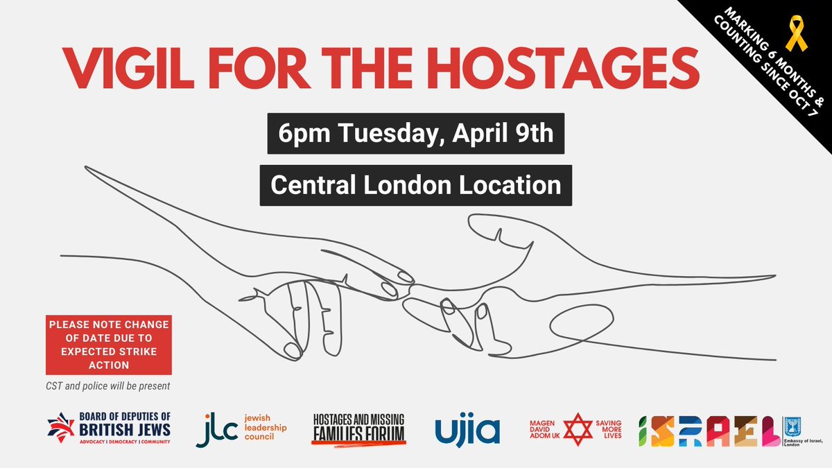 As we are all painfully aware, this weekend marked six months since October 7th and the abduction of 253 hostages Our thoughts are with them and their families and we pray for their safe return JLM will be at the vigil at 6pm tonight in Central London #BringThemHomeNow