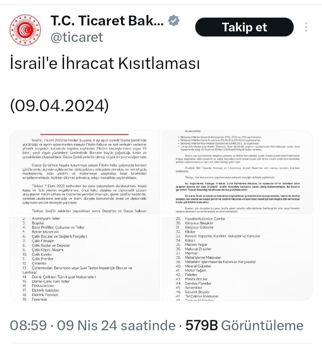 Ticaret Bakanlığı yine saçmalamış. Olmayan bir şeyin kısıtlaması mı olur? Aylardır “İtrail’le ticaret yok, onlar Filistin’e gidiyordu” diyen trolleri hiç mi düşünmüyor bu bakanlık?