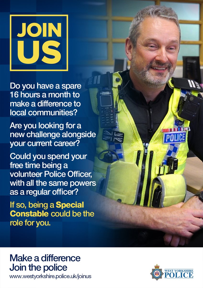 Specials recruitment has officially opened. The recruitment window is open until Tuesday 30th April. More information about becoming a Special can be found here. westyorkshire.police.uk/jobs-volunteer…