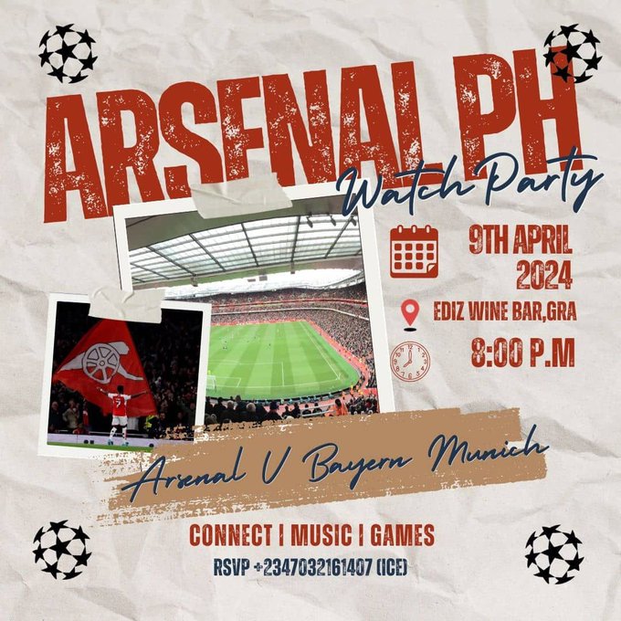 🔥PORT HACOURT GOONERS!!!! 🔥 Let's HANG OUT tonight 📍Ediz Wine Bar, GRA, PH 🇳🇬 ⏲️8.00 PM ✅Connect ✅Music ✅Games #ARSFCB #UCL