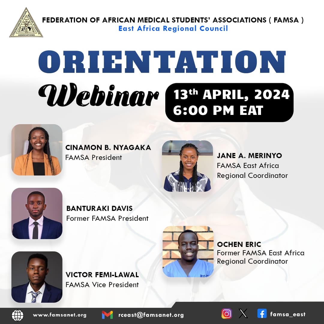 🌟 Hello East AfroMedics! 🌟

Get ready to embark on an exciting virtual journey with FAMSA! 🚀 Join us for an exclusive orientation webinar on what the Federation of African Medical Students Association (FAMSA) entails.
💎💎💎