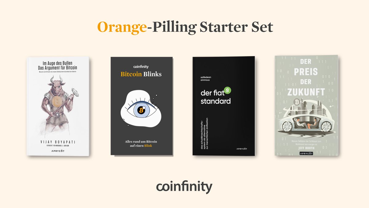 Wir verlosen erneut ein Orange-Pilling Starter Set!📙📙📙📙

Geballtes #Bitcoin-Wissen zum Lesen und/oder Verschenken!

⚡️Im Auge des Bullen
⚡️Bitcoin Blinks
⚡️Der Fiat-Standard
⚡️Der Preis der Zukunft

Herzen, teilen und uns folgen um mitzumachen!🧡