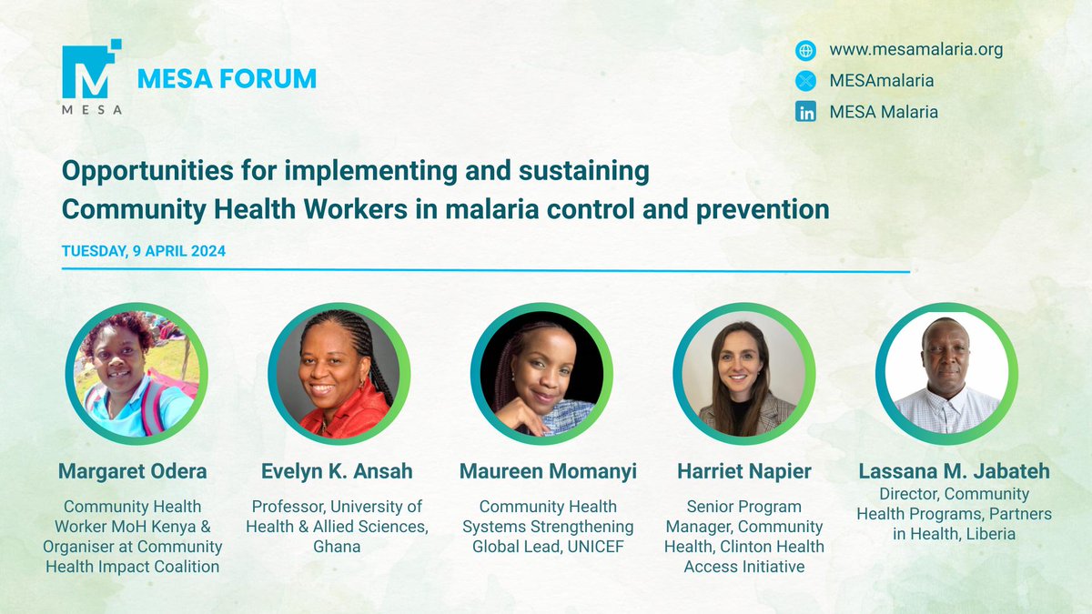 ⏲️The #MESAForum on community health workers in malaria programs is starting in 1 hour! Join our ⭐️ panel: @OsieloOdera, @DrEvelynAnsah, @MaureenKMomanyi, Harriet Napier and Lassana Jabateh with moderators from the @gatesfoundation & MESA. Register: us02web.zoom.us/webinar/regist…