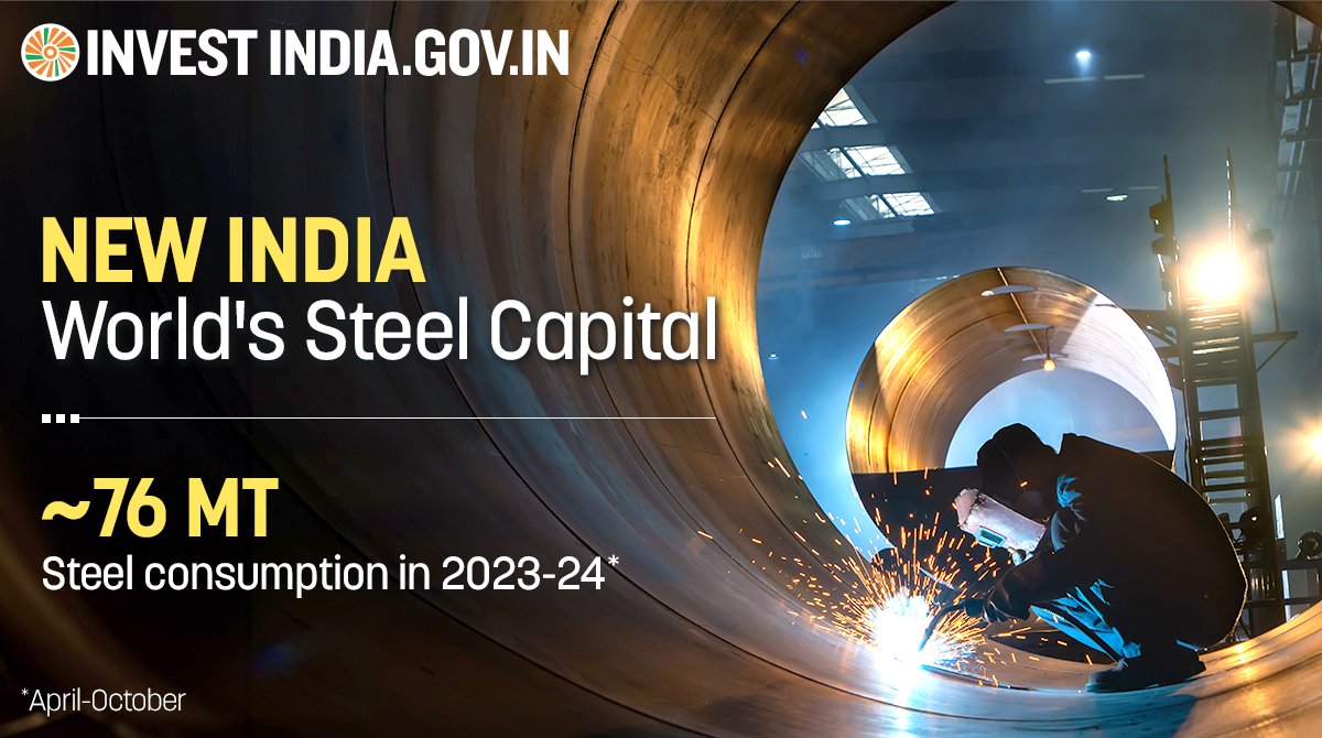 Emerging as a formidable force, #NewIndia ranks as the 2nd largest #steelproducer globally, showcasing robust industrial capabilities & leadership in steel manufacturing. Know more at: bit.ly/II-MetalsMining #InvestInIndia #MetalsAndMiningSector #InvestIndia #StainlessSteel