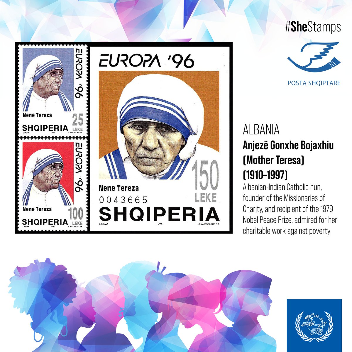 #SheStamps: Anjezë Gonxhe Bojaxhiu, known simply as #MotherTeresa, has become a symbol of #charitable work. In 1979, she received the #NobelPeacePrize 'for work undertaken in the struggle to overcome #poverty & distress.' 📸Mother Teresa on #stamps by @PostaShqiptare1🇦🇱