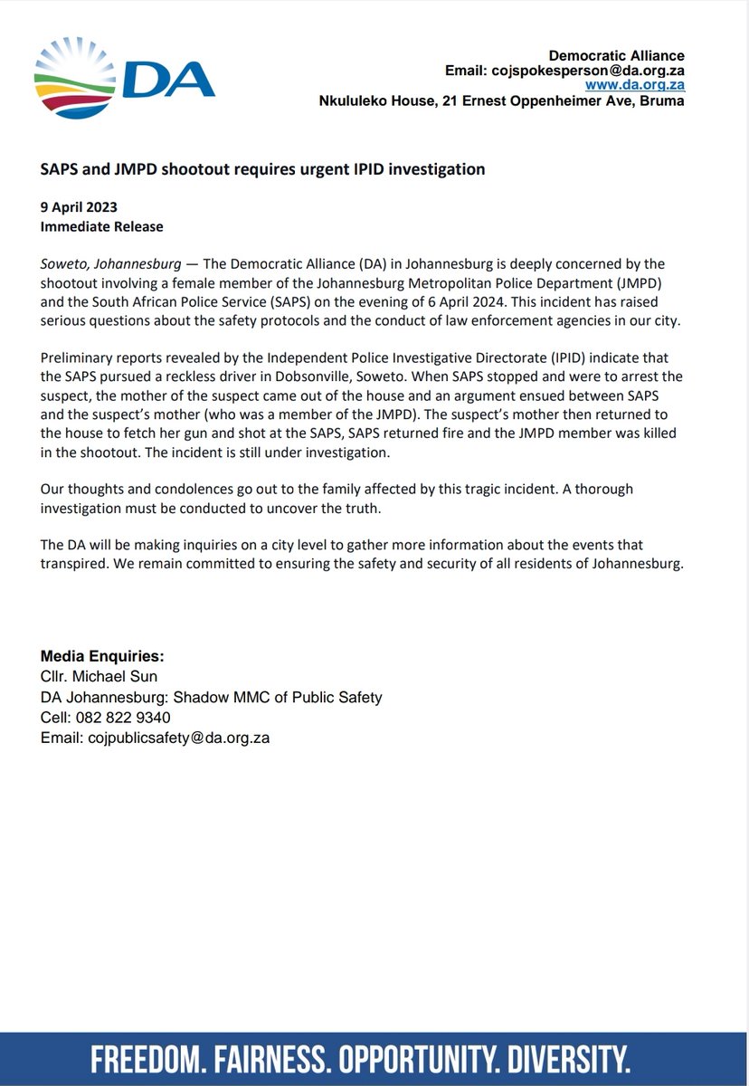 The Democratic Alliance (DA) in Johannesburg is deeply concerned by the shootout involving a female member of the Johannesburg Metropolitan Police Department (JMPD) and the South African Police Service (SAPS) on the evening of 6 April 2024. #RescueJoburg #RescueSA