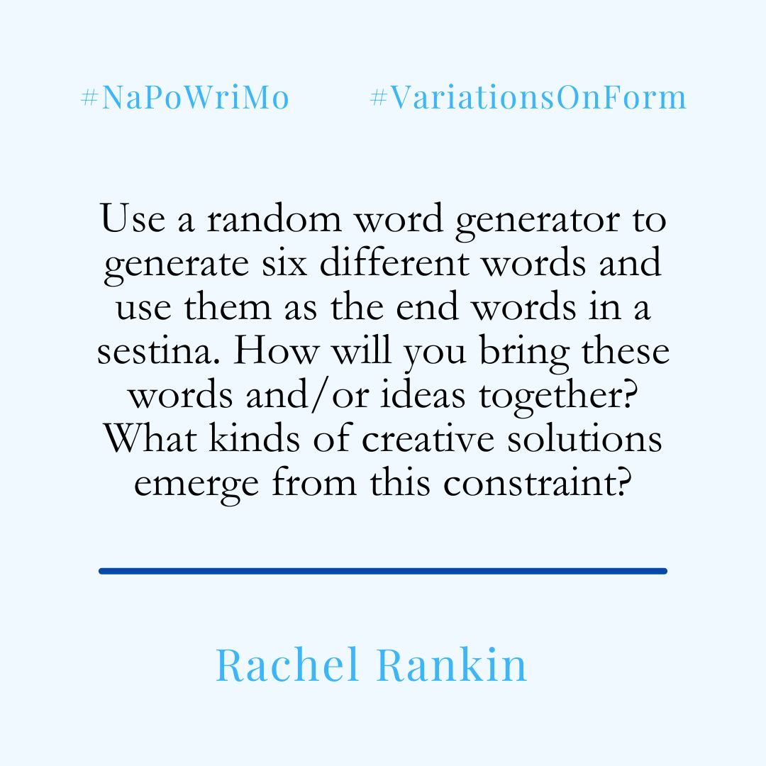 Happy #NaPoWriMo!

The challenge to write a poem every day of April is well underway and to help you on your journey The Poetry Society will be providing a prompt each day - today's is from Rachel Rankin!

Check back here for more