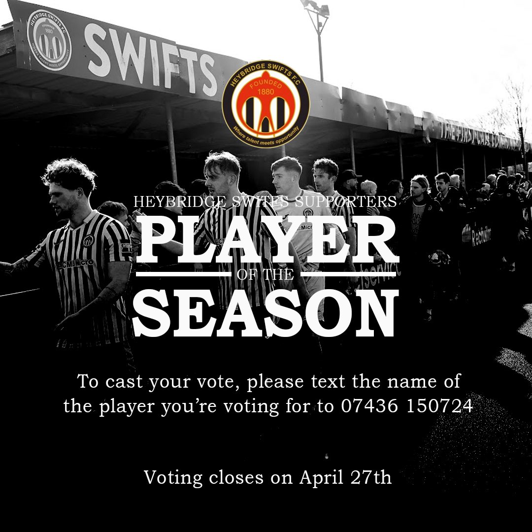 🚨PLAYER OF THE SEASON🚨 It’s time to vote for your Player of the Season! To cast your vote, please text the name of the player to 07436 150724. Alternatively, you can vote in person at the club shop on a matchday. Please note, these are the only ways your vote will count.