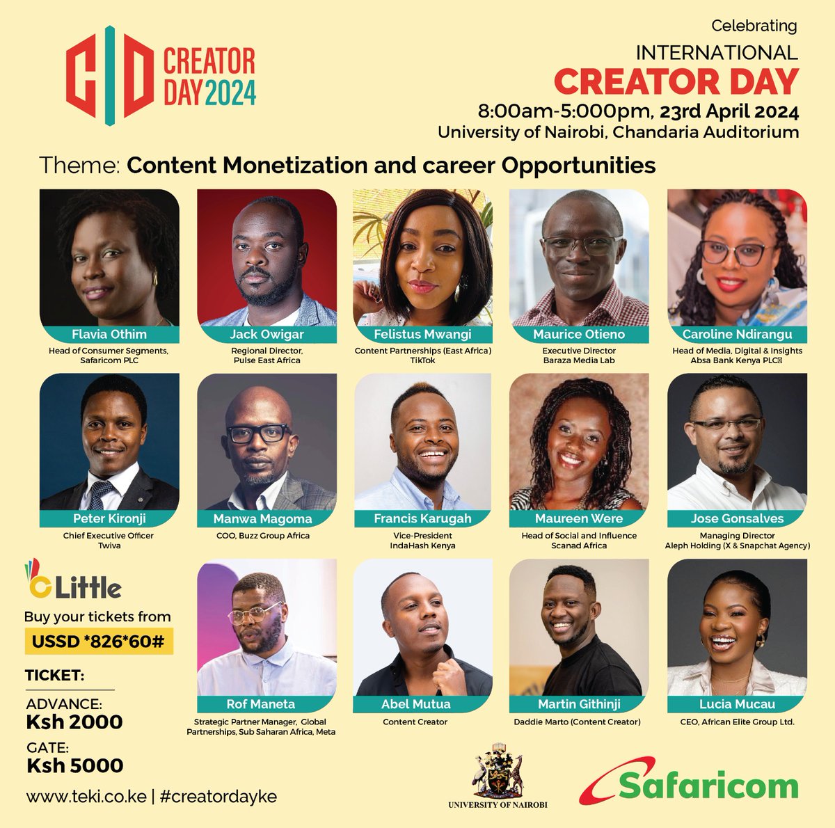 Content Creator Day 2024 will be held on 23rd April at the University of Nairobi. This is equivalent to a content creator advanced course with more than 10 modules. Book your ticket today. #CreatorDayKE <a href="/MediaMK/">Social Experiment</a> <a href="/LuciaMusau/">Lucia Musau</a> <a href="/nellyndonye/">Nelly Ndonye</a> <a href="/SafaricomPLC/">Safaricom PLC</a> <a href="/AbsaKenya/">Absa Bank Kenya</a> <a href="/uonbi/">University of Nairobi</a>