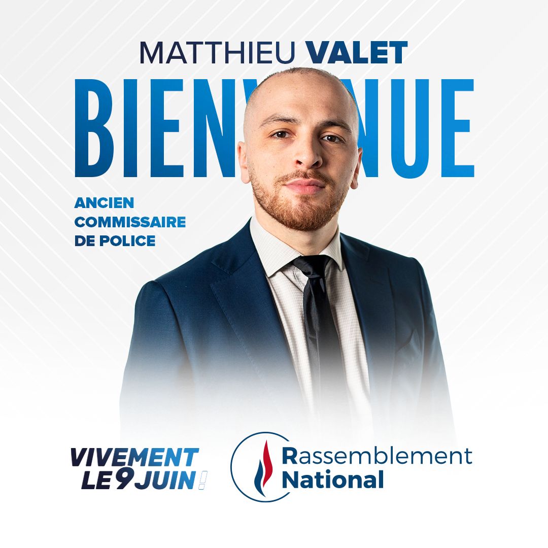 J'ai le plaisir de vous annoncer le ralliement de Matthieu Valet à la liste du Rassemblement National menée par Jordan Bardella pour les élections européennes du 9 juin.
Ancien commissaire de Police, il nous rejoint et continuera de servir la France et la sécurité des Français.