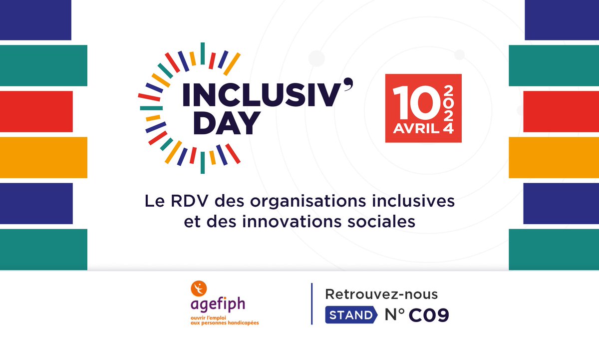 J-1 avant l’ #InclusivDay ! ✨
L’Agefiph sera présente pour cet événement dédié aux organisations inclusives et des actions sociales.  Retrouvez-nous au stand n°C09 et ne manquez pas nos conférences !  
Pour vous inscrire : event.inclusivday.com #Handicap #Entreprise