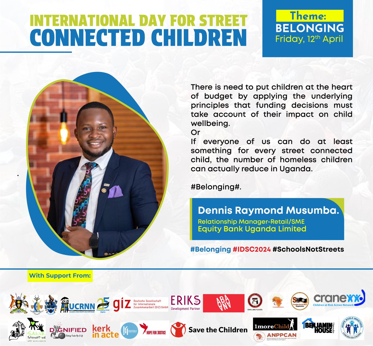 'No child should call the streets home. On this Friday 12th April Let's make sure that comes to reality.
More Messages coming from the Various Child Rights Advocates from the Different Organizations.
#Belonging #IDSC2024 #SchoolsNotStreets