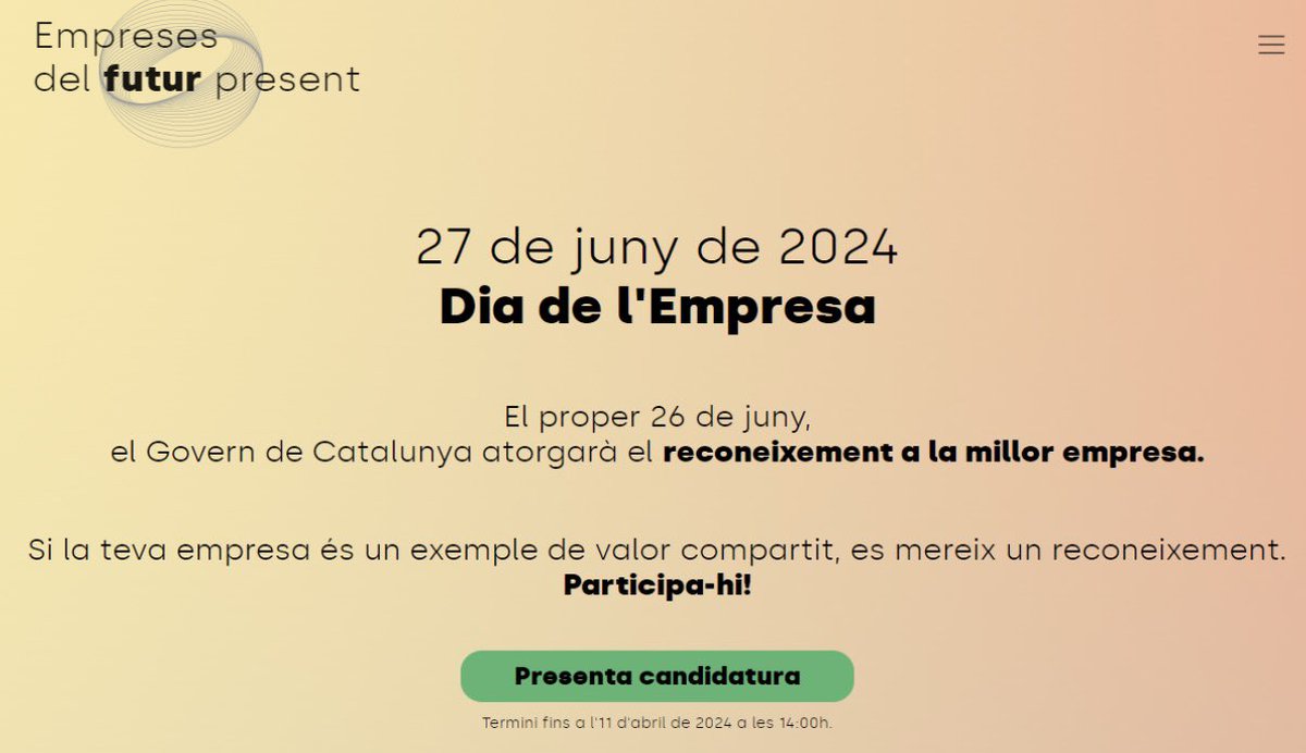 Recordatori Candidatures al Reconeixement al #DiaEmpresa es poden presentar fins aquest dijous 11 abril 14:00h diaempresa.cat cc @accio_cat Per empreses que treballeu el #valorcompartit com element central a l’estratègia. L’ebitda i l’impacte social van de la mà