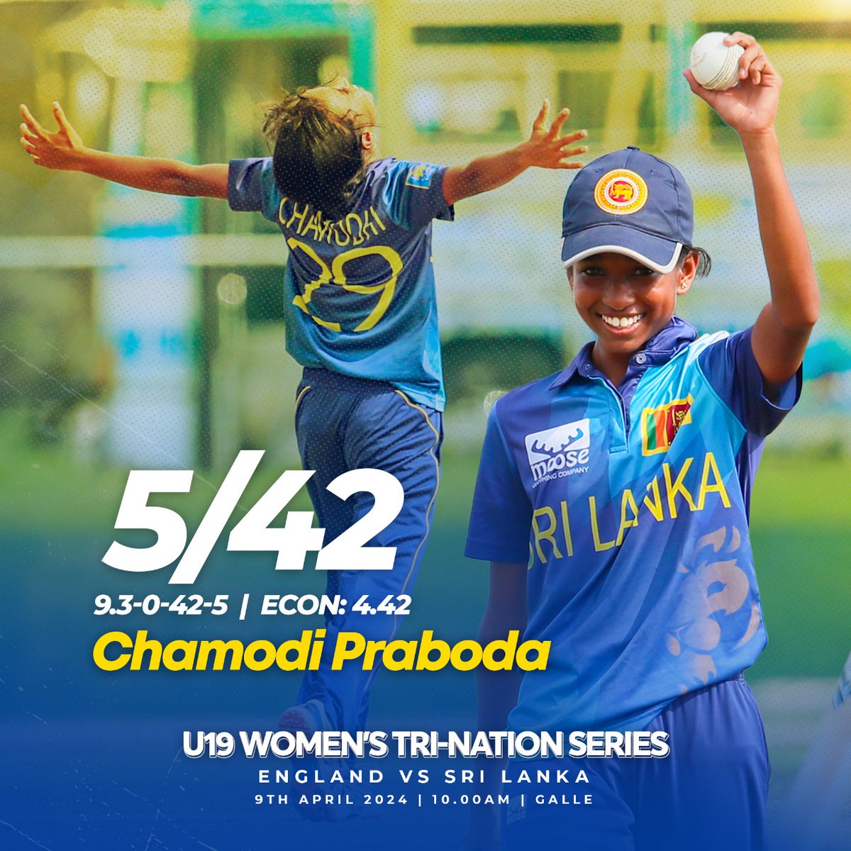A star is born! ⭐

Chamodi Praboda destroyed England's innings by taking a fifer (5/42) and brings a glorious victory to the #SriLankaU19 Women's team!

 #U19TriSeries #SLvENG #RisingStar