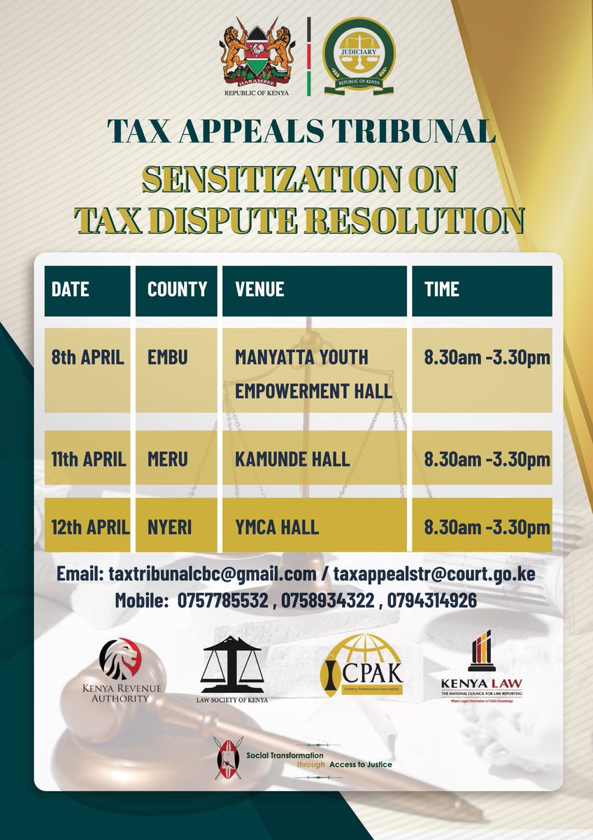Sensitization Clinics on the Tax Appeals Tribunal, conducted by the LSK together with other key stakeholders, began yesterday in Embu. The clinics will continue in Meru and Nyeri on the 11th and 12th April 2024 respectively. #taxdisputeresolution