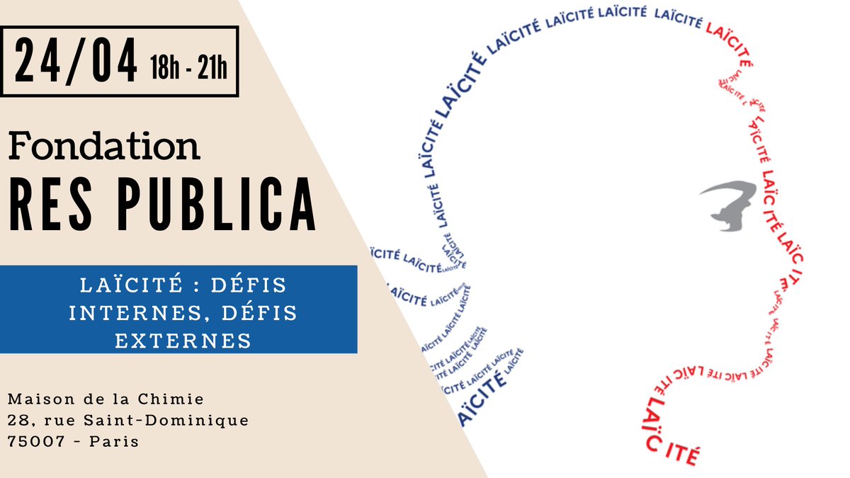 🔴Le prochain colloque de la @fondarespublica, 'Laïcité : défis internes, défis externes', aura lieu le mercredi 24 avril à 18h. Avec @hadrienmathoux, @BencheikhGhaleb et @PatrickWeil1 ! Inscriptions par courriel (gbenjelloun@fondation-res-publica.org) ou au 01.45.50.39.50