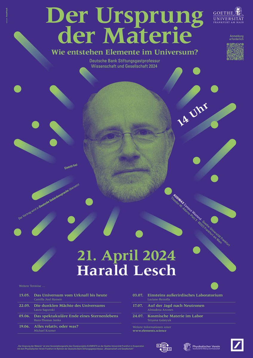 Harald Lesch eröffnet Vortragsreihe „Der Ursprung der Materie“. Gemeinsam mit dem Physikalischen Verein Frankfurt lädt @elements_uni zu einer Vorlesungsreihe der Deutsche Bank Stiftungsgastprofessur „Wissenschaft und Gesellschaft“ ein @TUDarmstadt aktuelles.uni-frankfurt.de/veranstaltunge…