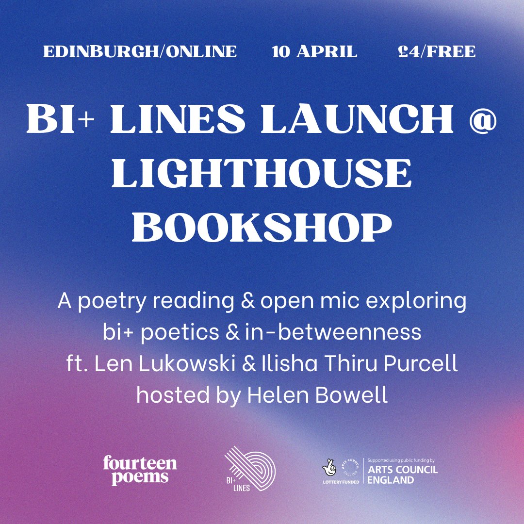 Join the launch of Bi+ Lines, the world's first anthology of bi+ poets, edited by Helen Bowell at @Lighthousebks tomorrow: lighthousebookshop.com/events/bi-line….