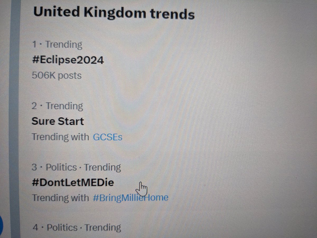 Trending! #BringMillieHome #DontLetMEDie We need equal access to healthcare but we don't because many are afraid to go to hospitals as a result of cases such as Millies, Maeve's, Sophia's. It's 2024 and having ME risks being sectioned! @guardian @rcpsych @gmcuk @BBCNewsnight