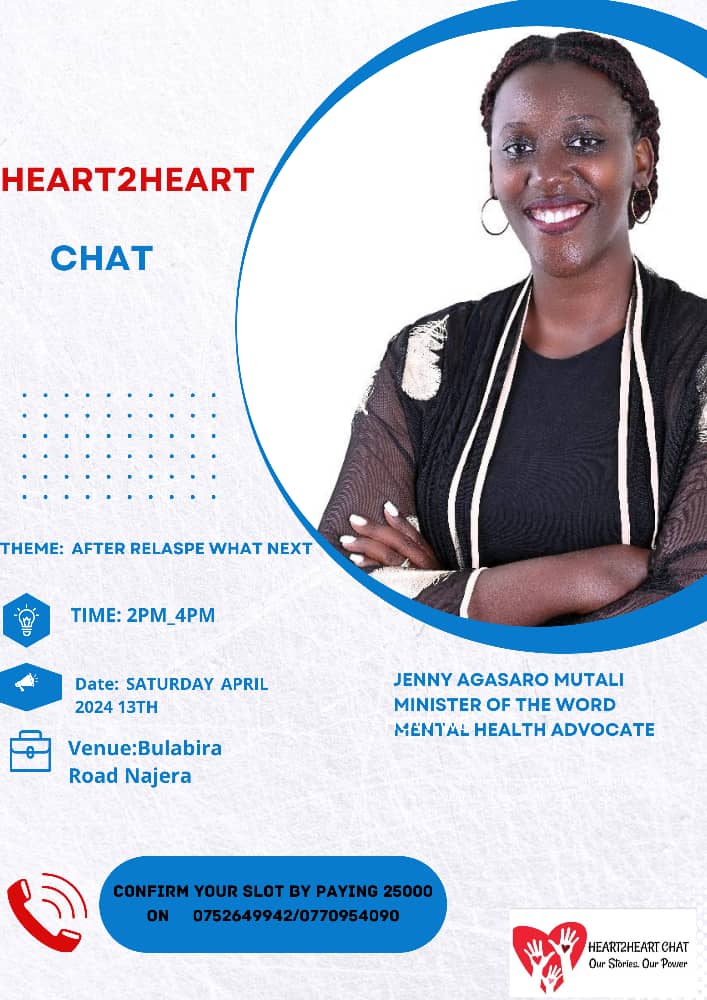 We will unpack life after a relapse this Saturday! Details on poster join us let's talk! #Mentalwellness #Heart2Heart 
@OdokiJ 
@BenjalinaT 
@Autism_mom_Ug 
@nsimbi_angela 
@YoungFreeMinds1 
@FreeMindHive 
@DrilebaDaniel 
@EstherKyozira