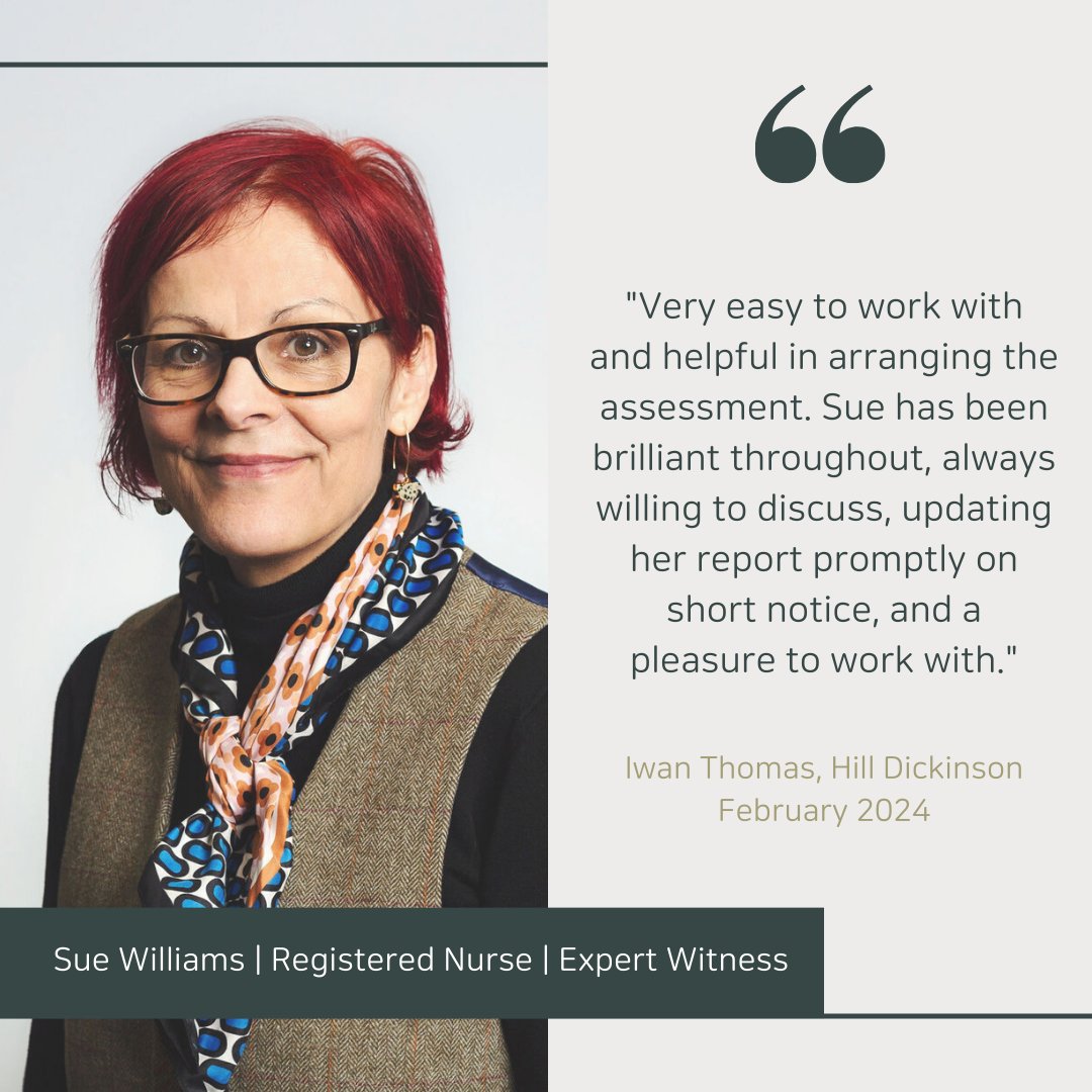 It's #TestimonialTuesday and we're excited to highlight the fantastic work of expert witness Sue Williams🌟 With over 40 years of nursing experience, Sue has proven to be a valuable asset in high value cases for both Claimant & Defendant parties. View CV: eu1.hubs.ly/H08rtcQ0