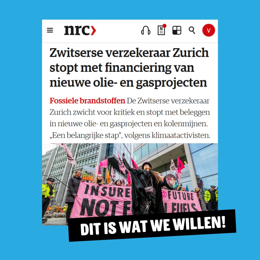 🎉 Goed nieuws: Zwitserse verzekeraar Zurich laat zien dat het kan: stoppen met beleggen in nieuwe olie- en gasprojecten en kolenmijnen. @ingnl weigert deze stap te zetten. En daarom hebben we een rechtszaak aangekondigd tegen de bank. Word nu mede-eiser: bit.ly/Klimaatzaak-IN…