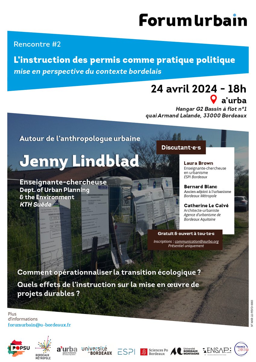 🗓 [RENCONTRE] 🔍 Pour notre 2ème #RencontreFU, Jenny Lindblad viendra présenter ses recherches portant sur 'L’instruction des permis comme pratique politique : mise en perspective du contexte bordelais'. 🗣 Venez débattre autour de ce thème le 24/04 !