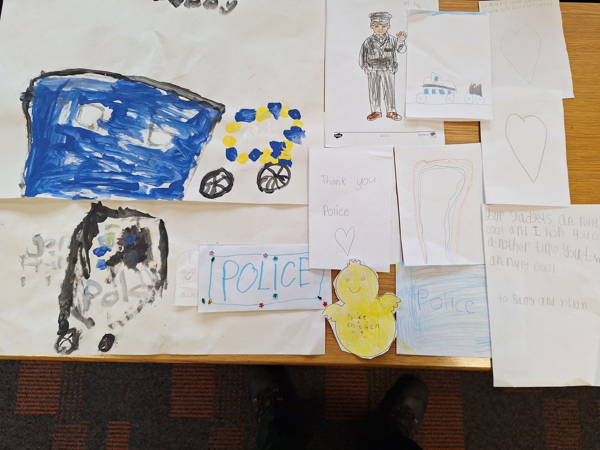 Neighbourhood Officers were invited over to Greenwood Primary School this morning. We chatted to Primary two pupils about what we do, stranger danger and road safety. A big thanks to all the young people for their lovely art work. #WeCareWeListenWeAct