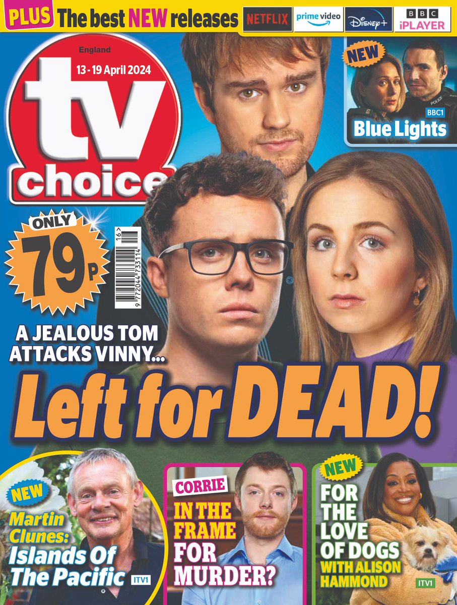 Grab the latest issue now! #Emmerdale is on the cover, and a jealous Tom attacks Vinny. Plus: new #BlueLights, Martin Clunes returns to #IslandsOfThePacific, Daniel is in the frame for murder on #CoronationStreet, and @AlisonHammond takes over on #ForTheLoveOfDogs. Enjoy!