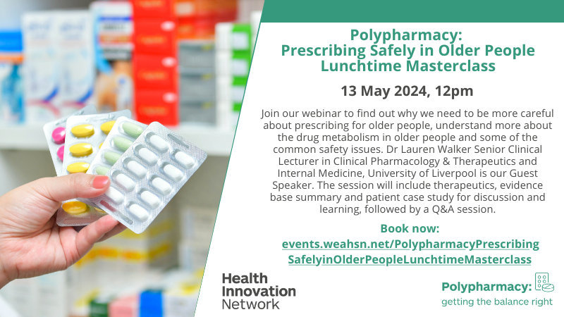 Two new lunchtime webinars are available from @HealthInnovNet as part of their Polypharmacy Masterclass Series. The first, focusing on prescribing safely in older people, will take place online on 13 May at 12pm. Learn more and register: bit.ly/4aKmNYh