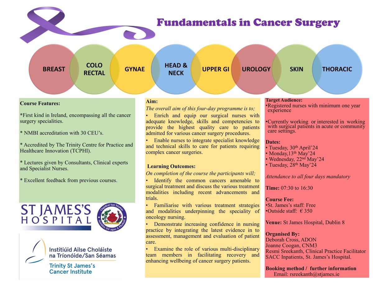 Fundamentals in Cancer Surgery Course dates for April and May 2024. For booking and further information please contact rsreekanth@stjames.ie #education