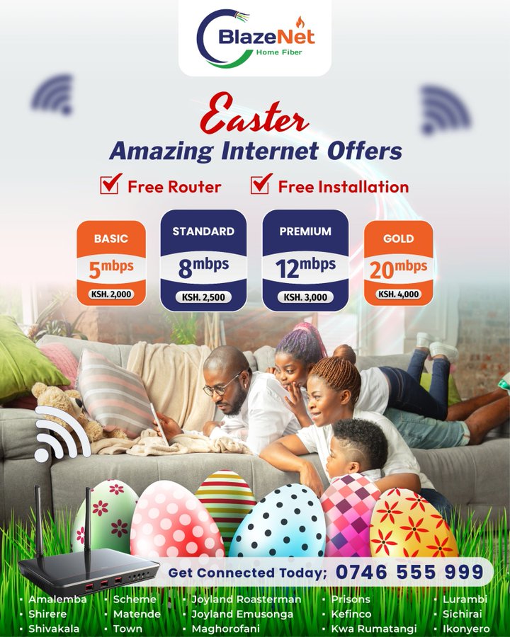 TalmMaina's tweet photo. All resident of kakamega Town;
Blazenet Home Fiber is connecting you with fiber for free. Both home and business
Call them on 0746555999
The area with coverages are on the below poster 
Kanze Dena Ngata Bridge Murkomen Eid Mubarak Interior CS Kithure Kindiki Uhuru Kenyatta Mfalme https://t.co/PgOehLtCnX