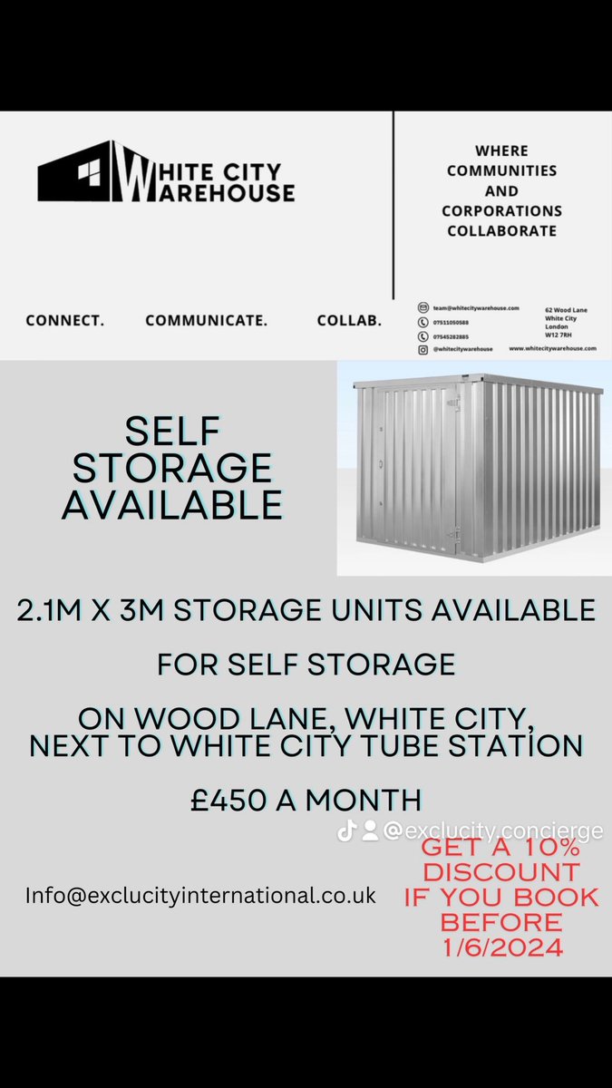 Self storage available, with a 10% discount if you book before 1/6/2024!!!

Contact:
@whitecitywarehouse @exclucityinternational 
Info@exclucityinternational.co.uk

#storagesolutions #storageavailable #storageunits #discounts #whitecity #westlondon