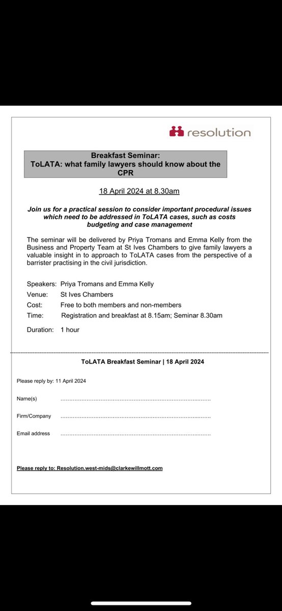 Resolution West Mids (@reswestmids) on Twitter photo REMINDER: Our upcoming breakfast seminar on ToLATA is taking place at <a href="/StIvesFamily/">St Ives Family</a> Chambers on 18 April 2024 with registration at 8.15am ahead of a prompt 8.30am start.
Flyer below to register - see you there!
#resolution #ToLATA #separation #cohabitingcouples REMINDER: Our upcoming breakfast seminar on ToLATA is taking place at <a href="/StIvesFamily/">St Ives Family</a> Chambers on 18 April 2024 with registration at 8.15am ahead of a prompt 8.30am start.
Flyer below to register - see you there!
#resolution #ToLATA #separation #cohabitingcouples