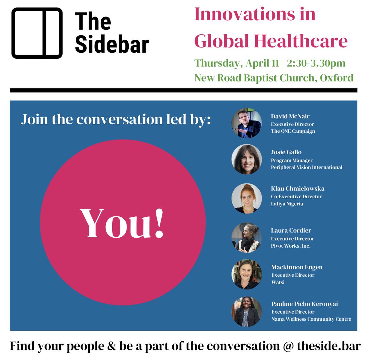 The Sidebar @SkollWorldForum We're thrilled to invite you to join our ED @Picho1900 as she delves into groundbreaking innovations in global healthcare. If you're attending the #SkollWF, don't miss this insightful discussion at the New Baptist Church, Oxford on 11-April.