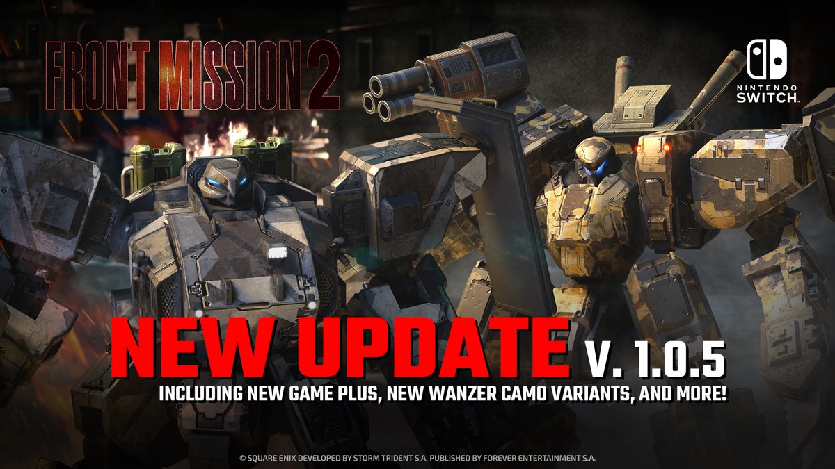 A new update is live! We know you've been waiting for this information: the new version 1.0.5 of FRONT MISSION 2: Remake is out now, bringing: New features: - New Game Plus mode. - New dialogues are activated depending on the actions taken during missions. - 5 new Wanzer Camo…