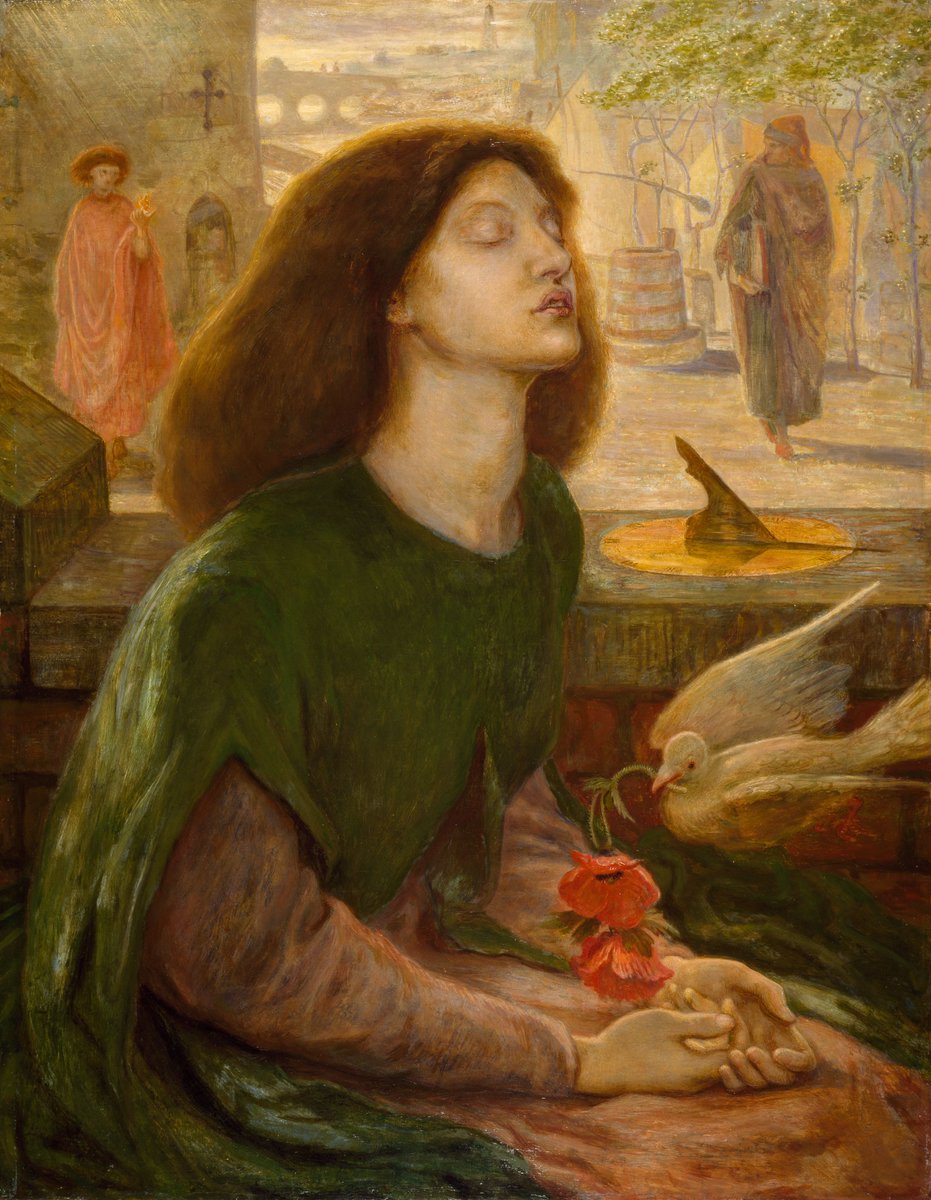 Dante Gabriel Rossetti died on this day 9th April 1882. Beata Beatrix (Blessed Beatrice) was unfinished at the time of his death, the background was completed by Ford Madox Brown. Rossetti modelled Beatrice after his late wife the artist & model Elizabeth Siddal who died in 1862.