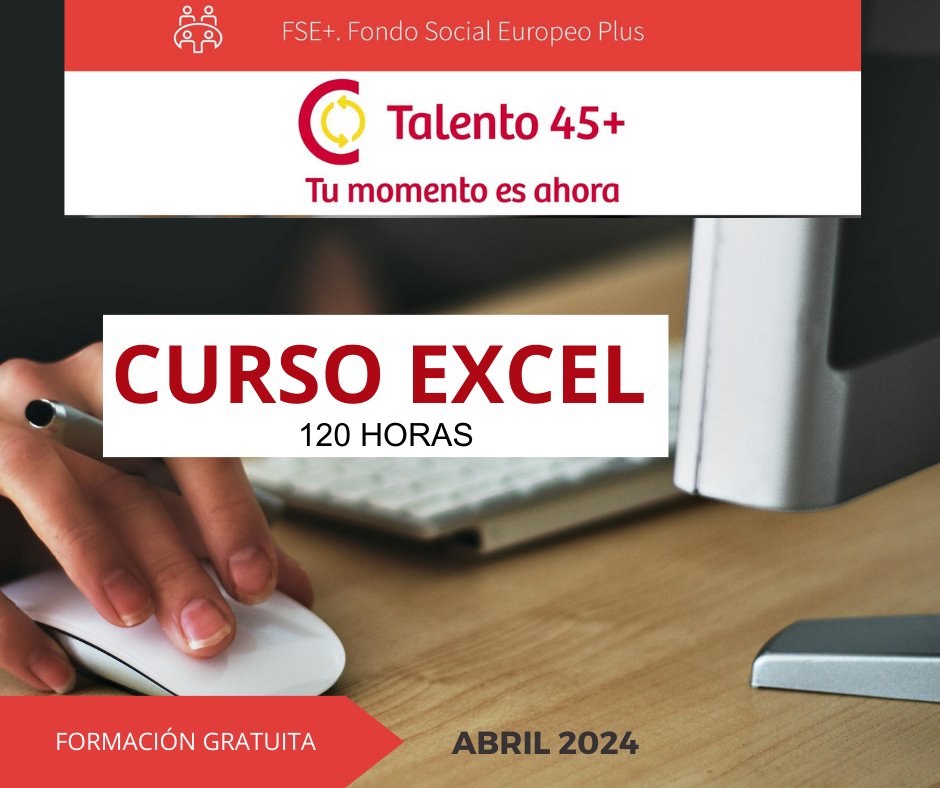 💥CURSO de EXCEL de 120h de duración.
Presencial y gratuito💥

📌Dirigido a #personas desempleadas entre 45 y 60 años

📷Inscríbete 👉: camaramalaga.com/programa-45/

✉️programa45mas@camaramalaga.com
☎️952211673

#talento45+ #málaga #empleabilidad  #cursosgratuitos #formacióngratuita