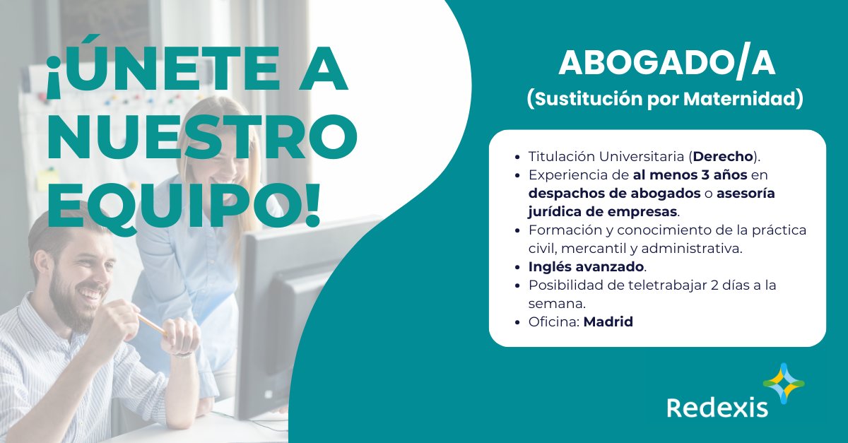 👉¡Únete a nuestro equipo! ✔Queremos incorporar un 𝐀𝐛𝐨𝐠𝐚𝐝𝐨/𝐚 en la oficina de #Madrid. 📢¡Envíanos tu CV y/o comparte entre tus contactos! 👇👇👇 redexis.epreselec.com/Ofertas/Oferta…