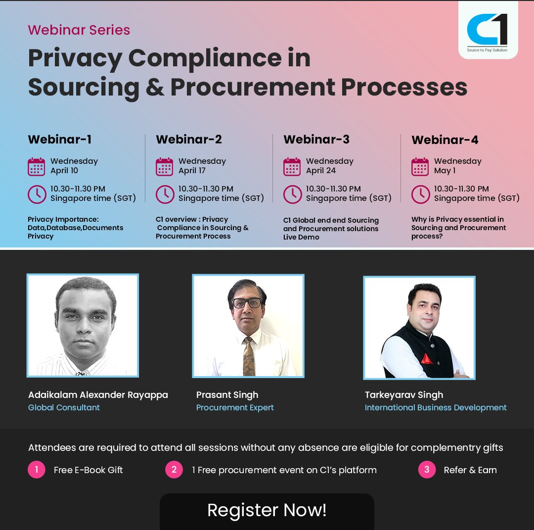 🌐 Join C1 Global's upcoming webinar series focusing on Privacy Compliance in Sourcing &amp; Procurement Processes!
Confirm Today :-  +91 8929134229,  tarkeyarav.singh@c1india.com

Meeting Link:-  teams.microsoft.com/l/meetup-join/…