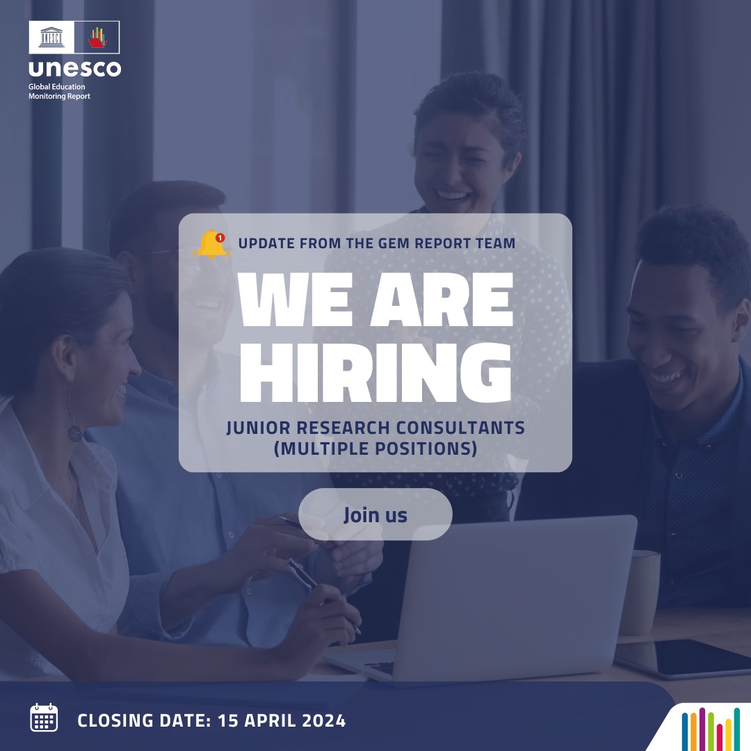 💼 We're hiring talented candidates for junior consultancy positions at #GEMReport. Your role will involve helping to prepare global, regional, and thematic reports, as well as Profiles Enhancing Education Reviews (PEER). ➡️ Apply before 15 April: bit.ly/3JbOFsH