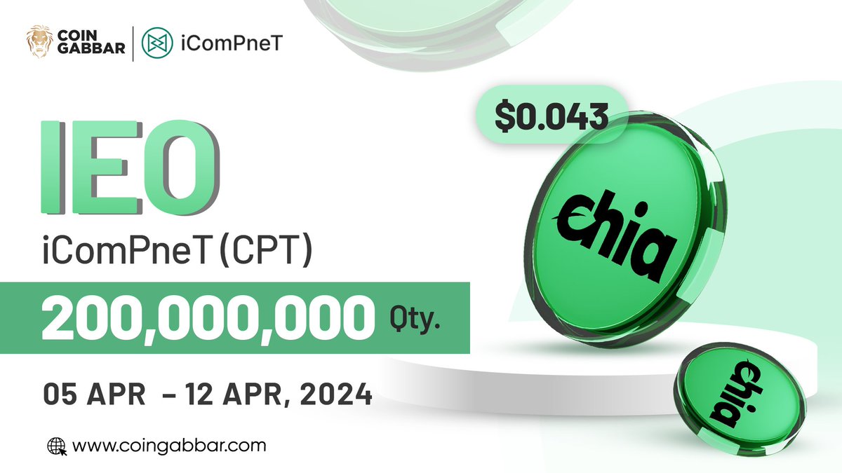 🥳#iComPneT launchpad end on 🗓️12th apr🥳

Qty: 200,000,000
IEO Price: 0.043 (USDT)
Goal: 8,600,000

ICOMPNET is a company specializing in mining CHIA cryptocurrency.

launchpad👉coingabbar.com/en/crypto-ico-…

@iComPneT_ #IEO #CoinGabbar #launchpad #CHIA $CPT #cryptocurrency…