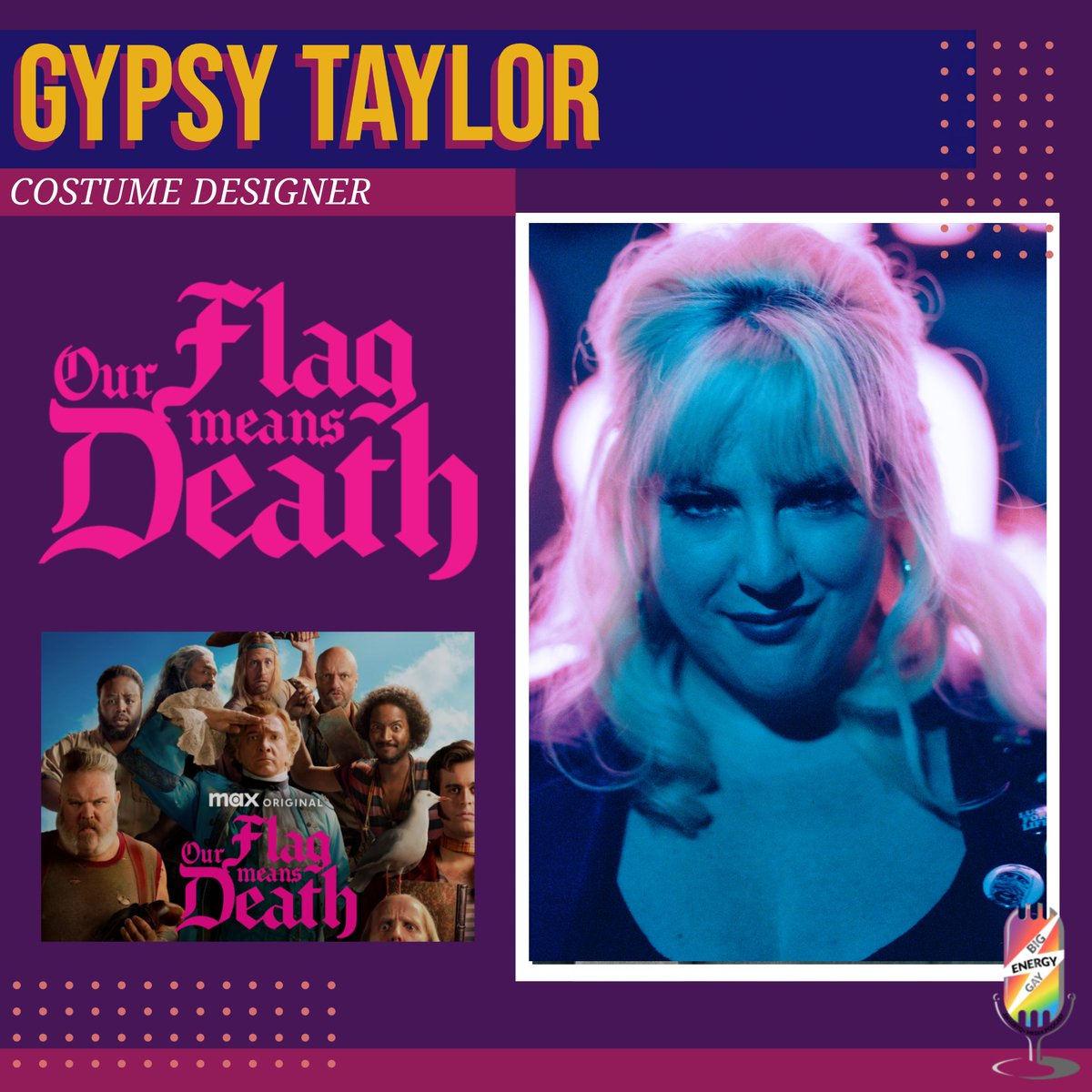 Join us tomorrow as we interview the costume designer from Season 2 of #ofmd the talented and lovely Gypsy Taylor! 

Make sure to follow all of our socials so you're notified when the video goes live! 
linktr.ee/biggayenergypod

#blackbonnet #gentlebeard #ourflagmeansdeath #bge