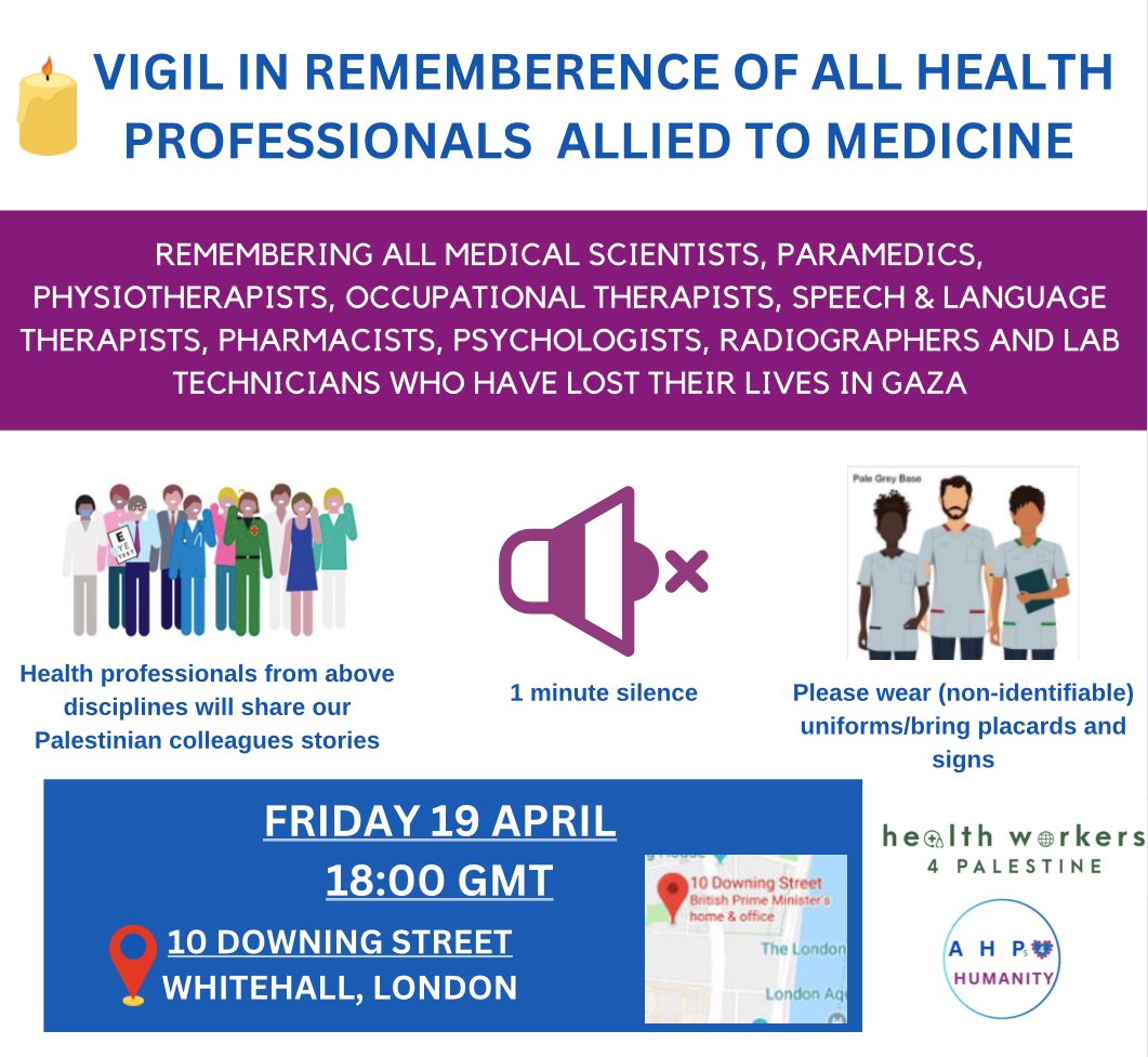 >250 health workers allied to medicine have lost their lives in Gaza in the past 6 months We are holding a vigil in their remembrance on Friday 19 April outside 10 Downing Street at 6pm GMT. This will be a space for mourning & allyship.