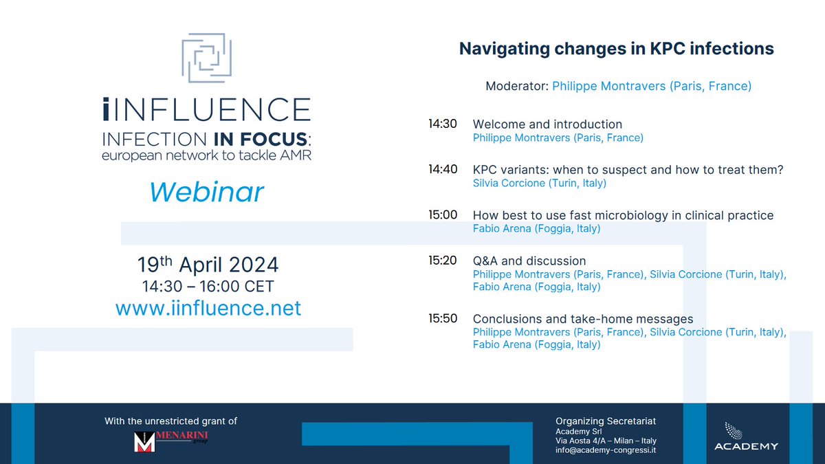 🚀 Mark your calendars! Join this #iINFLUENCE webinar... Navigating changes in KPC infections... with Philippe Montravers Silvia Corcione Fabio Arena 🗓️19th April 2024 🕝14:30 – 16:00 CET Secure your spot now at iinfluence.net It´s free!! 😉