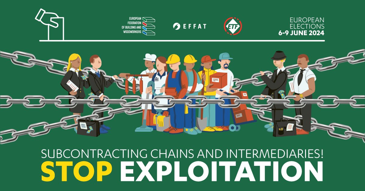 Today EFBWW, EFFAT & ETF are joining forces to #StopExploitation at work!  

Together we call for:  

⛓️ Limits on Subcontracting.
📷 Regulated Labour Intermediaries.
🔎 Increased Labour Inspections.

Report: t.ly/aKLRO