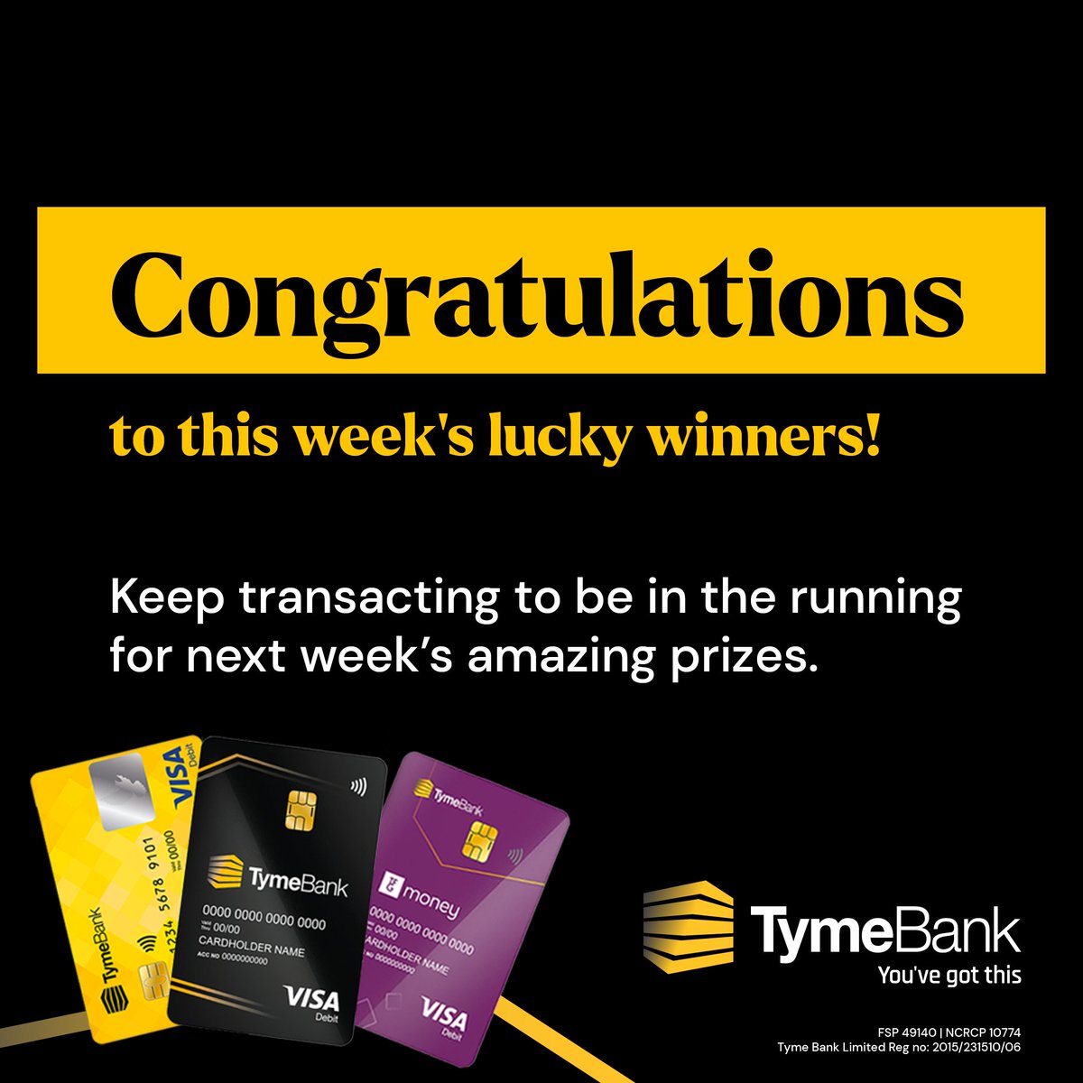 #TymeToSwitch Competition Winners! 🥳

Congratulations to all the below TymeBank winners. Keep transacting this week and stand to WIN PnP, Petrol, Nando's, SendMoney vouchers and so much more!