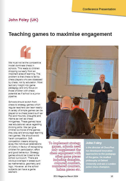 An article summarising my presentation at the Chess and Education Conference in Menorca: let's take games seriously in education, not just chess. In the @ECUonline magazine. @FIDEschoolChess